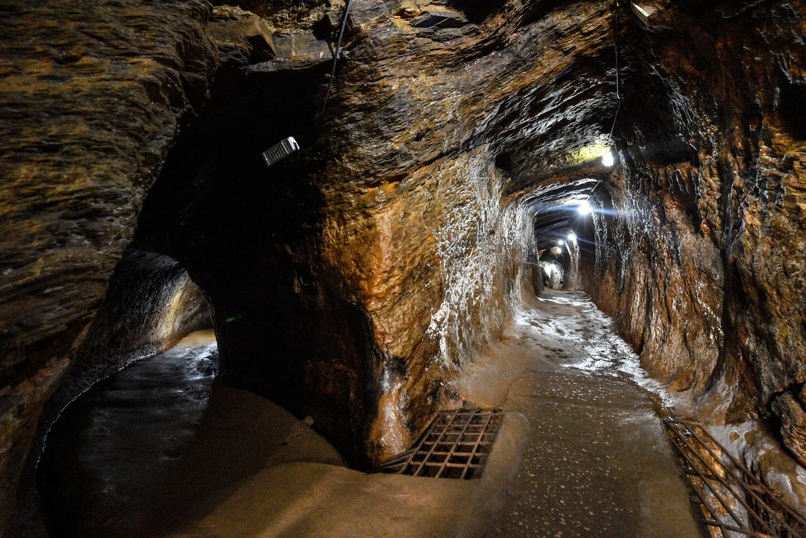 Inside the Mina do Chico Rei: a low rough-hewn rock tunnel with water on the floor and a strip of small lamps receding into the dark, the raw ore face lit close to the camera