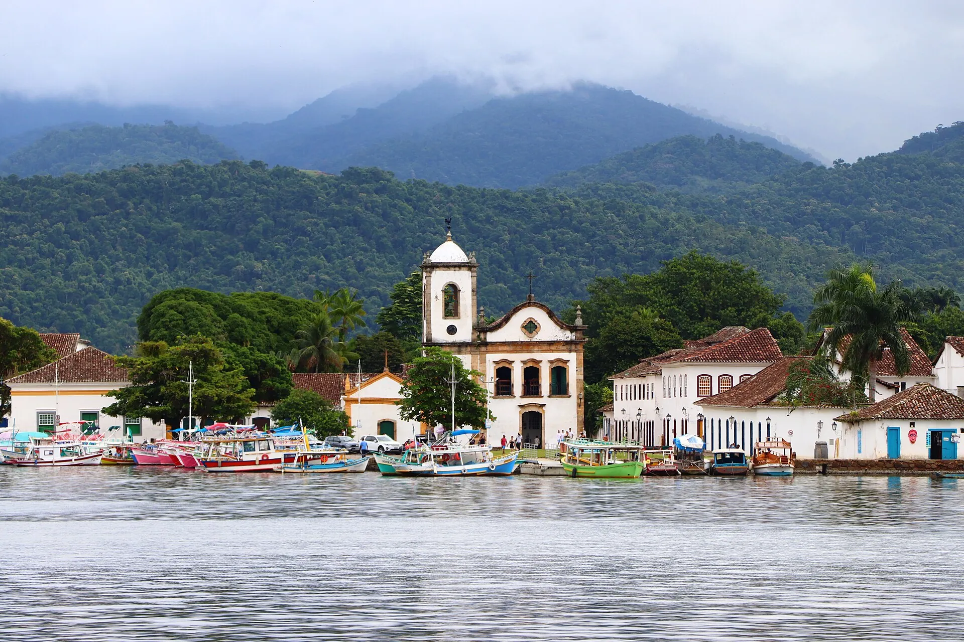 The colonial waterfront of Paraty seen from the bay