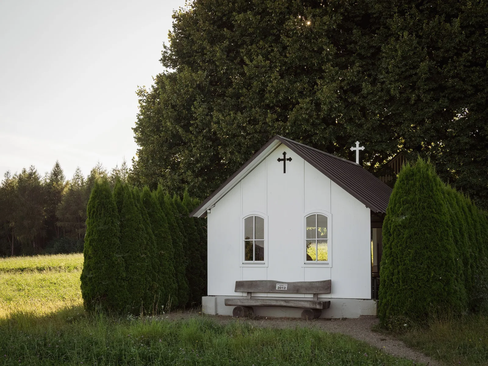 A small whitewashed country chapel standing alone among trees