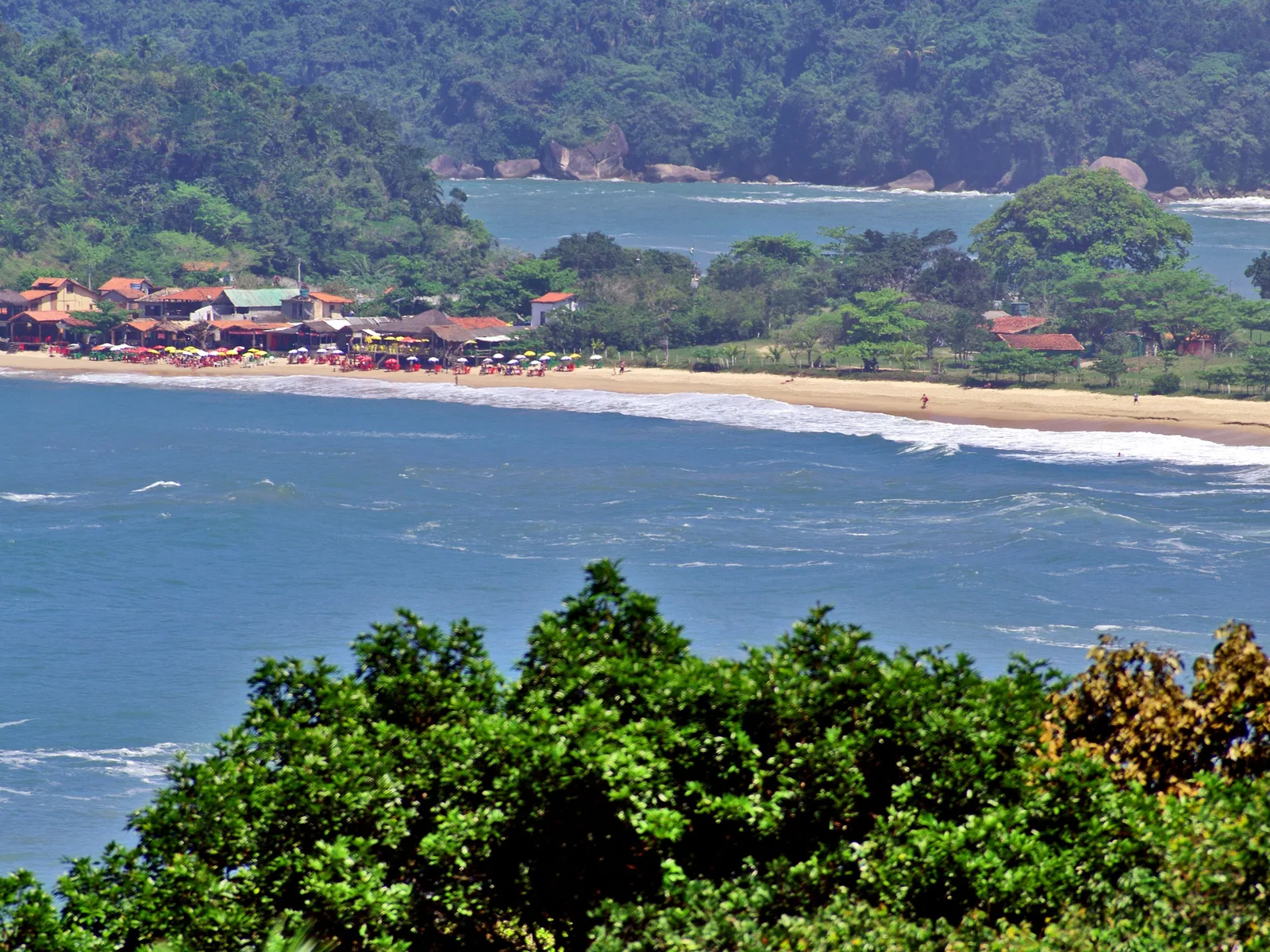 Trindade seen from the trail above the village: the curve of the beach and the sand street behind it, forested granite peaks of the Serra do Mar dropping straight to the water on both sides, clear late-morning light