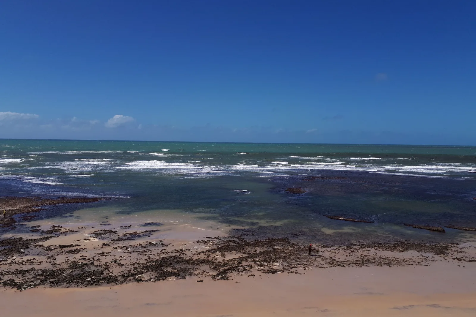 Dark flat ledges of rock exposed at low tide along an almost empty beach south of Pipa, with the open sea beyond and no buildings in the frame