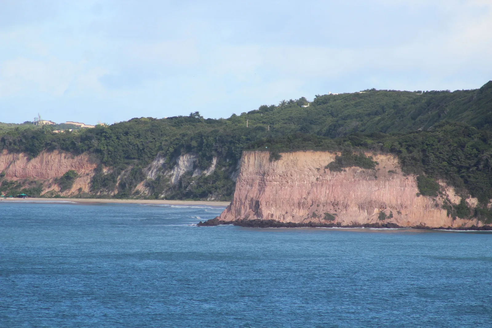 A long wall of pink and white cliffs at Pipa seen across open water, dense green forest running along the top of it and a strip of beach at its foot