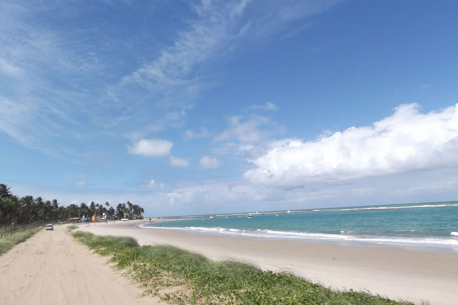 A long empty curve of sand at Porto de Galinhas seen over a bank of coastal grass, with nobody on it