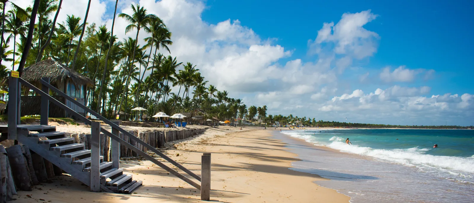 The palm-lined shore at Maracaípe with a wooden shelter above the sand and open sea running away to the right