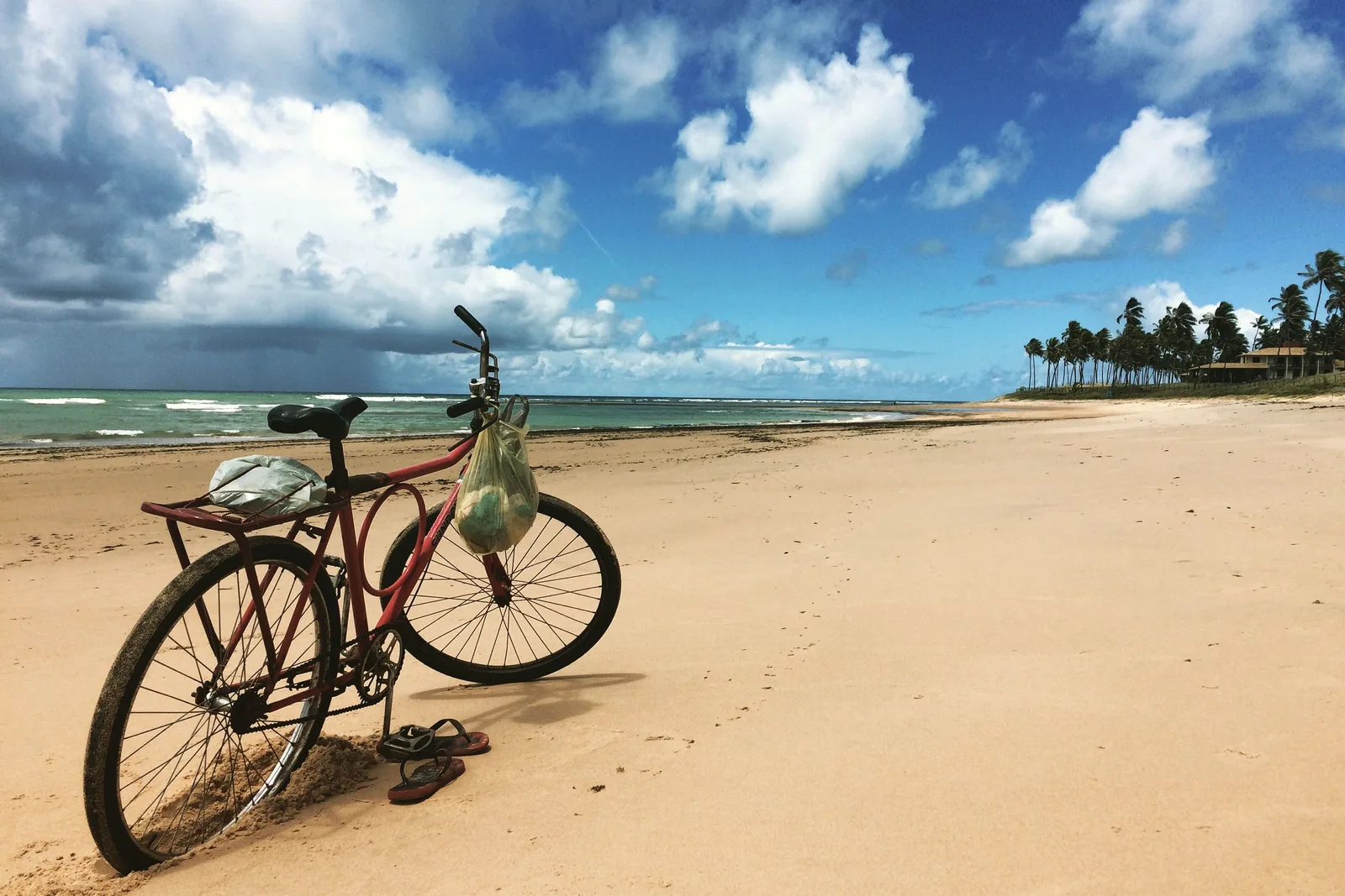 A bicycle standing on an empty stretch of Guarajuba beach under a big blue sky, palms along the shore