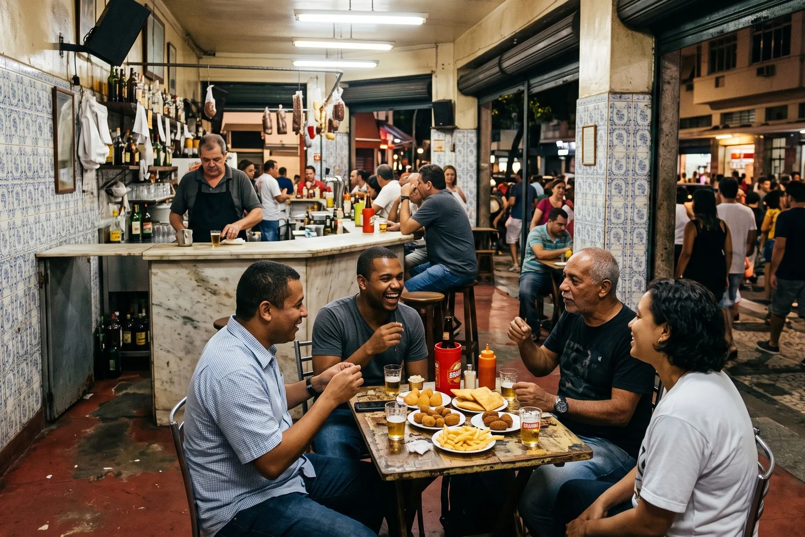 Friends around a small table in a tiled boteco, glasses of chopp and plates of fried snacks between them, the bar open onto a busy street