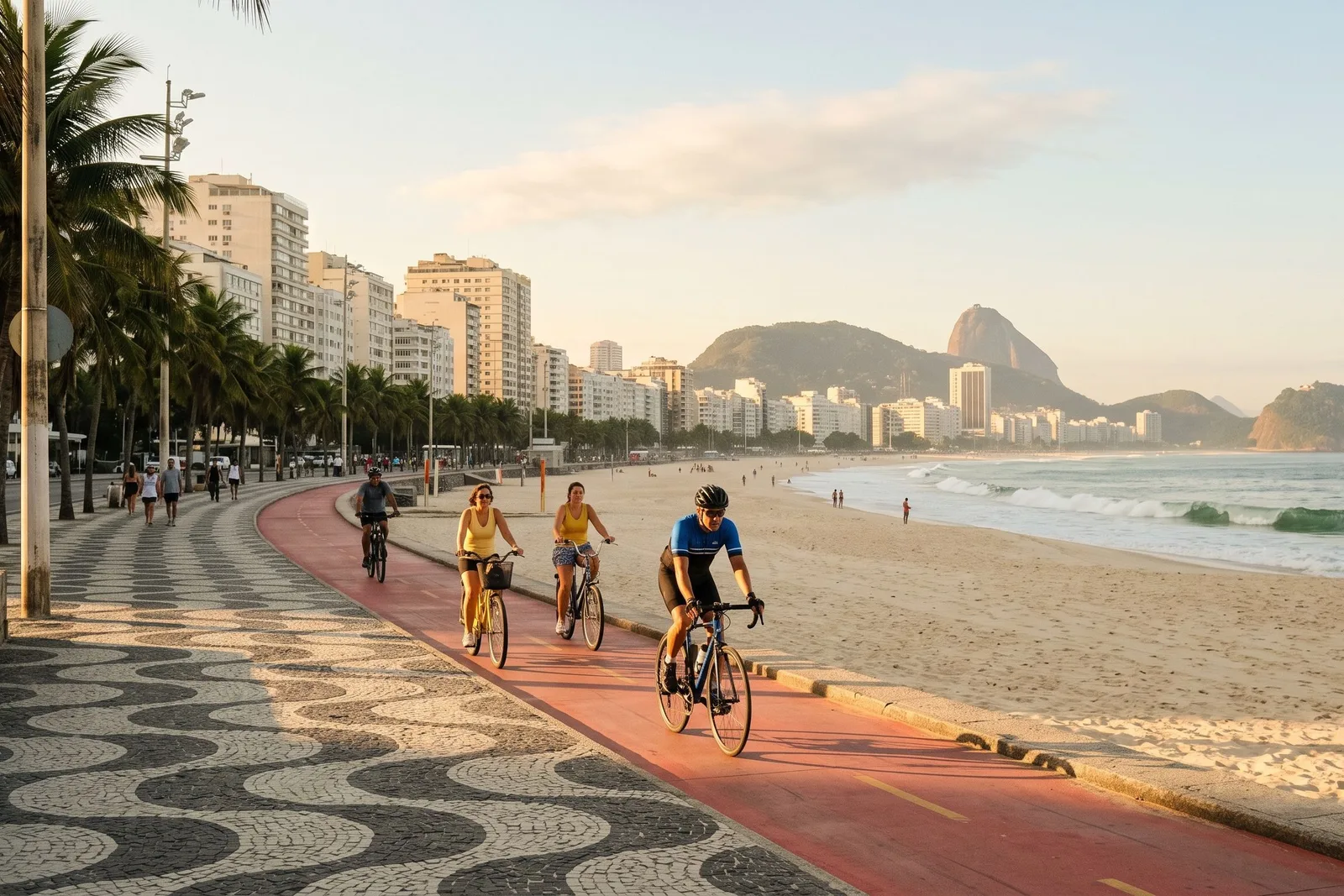 Cyclists on the red bike lane along the Copacabana seafront at first light, the wave-patterned mosaic pavement beside them and Sugarloaf in the distance