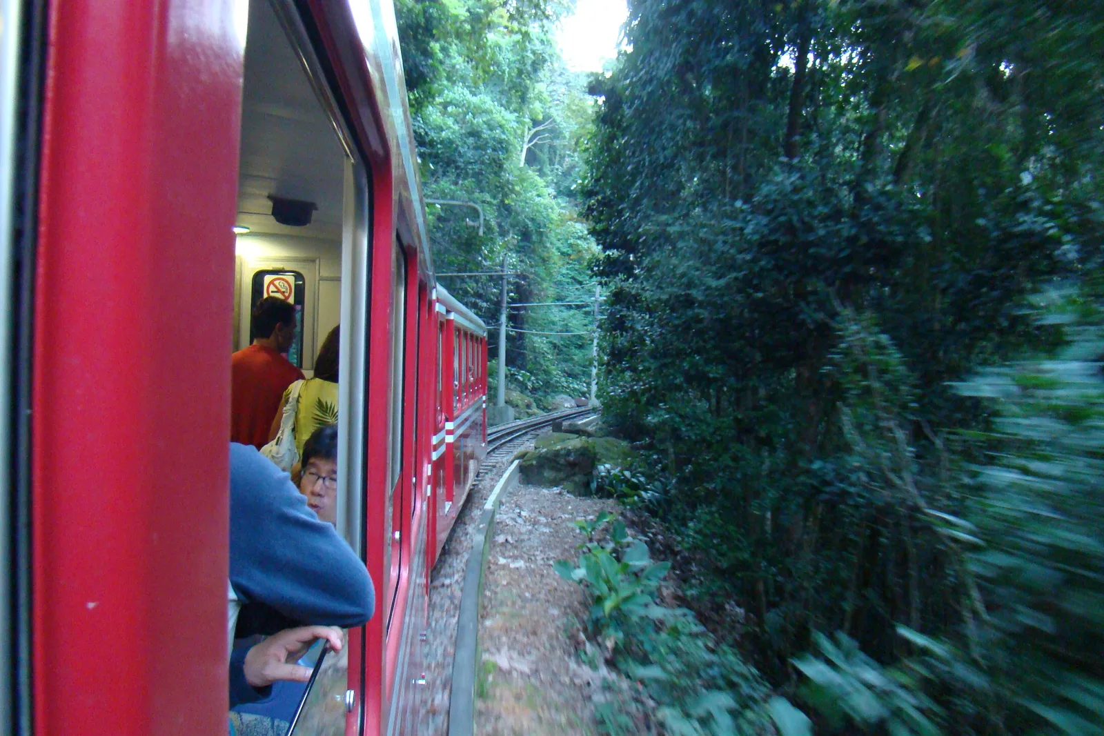 The red Corcovado cog train climbing through dense forest, passengers leaning out of the open windows