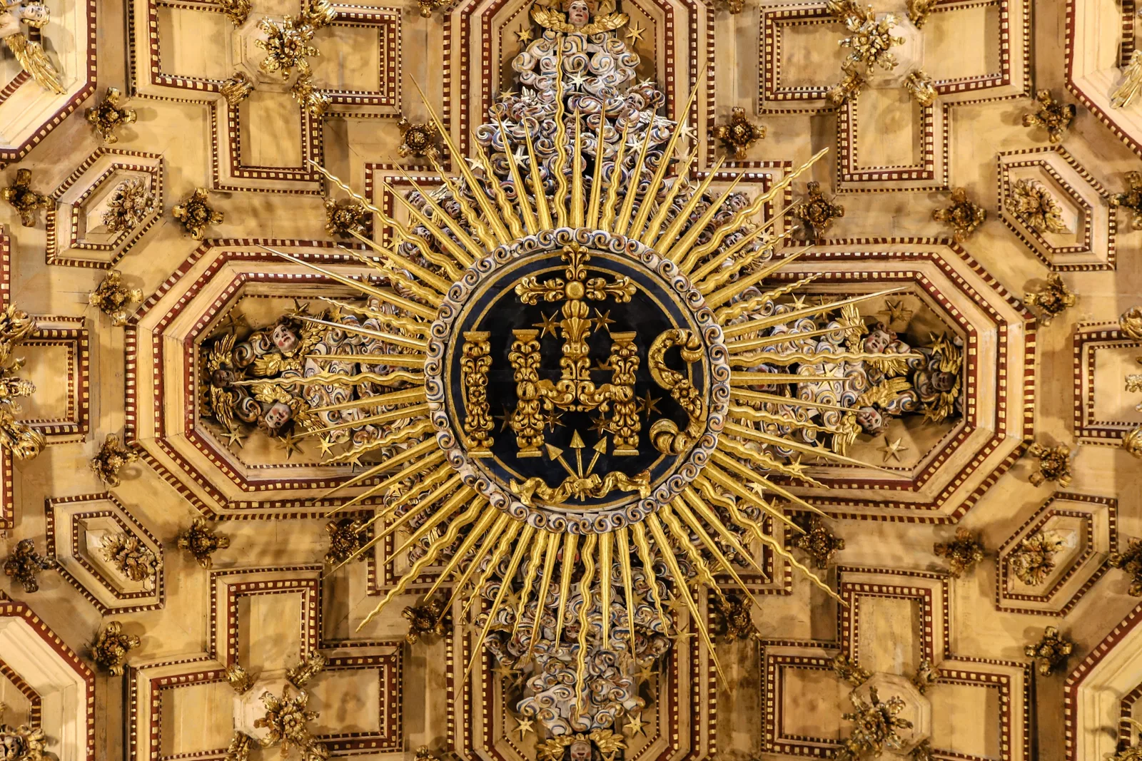 Looking straight up at the gilded, coffered ceiling of Salvador’s Catedral Basílica