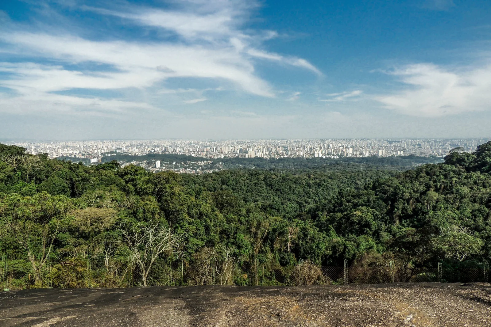 The view from the Pedra Grande outcrop in the Serra da Cantareira: bare rock in the foreground, a deep expanse of Atlantic forest below, and the whole gray skyline of São Paulo spread along the horizon under a big sky