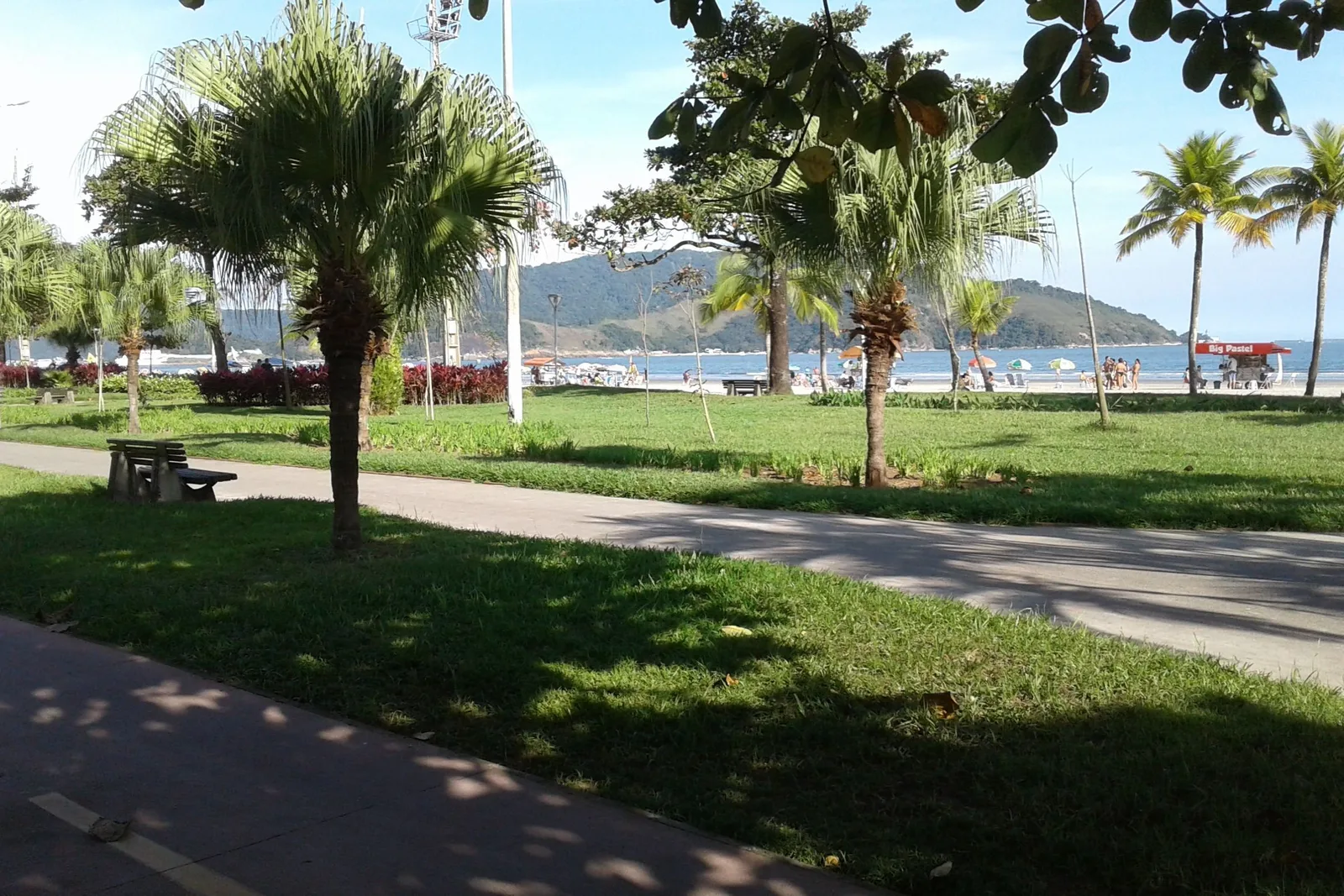 The beach gardens at Santos: mown lawn, a bench and tall palms laid out between two footpaths, with the sand, the water and a green headland visible through the trees beyond