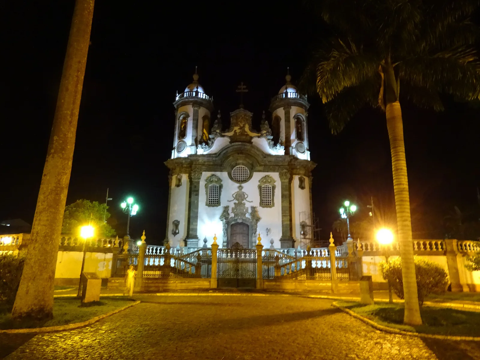 The Igreja de São Francisco de Assis in São João del-Rei floodlit against a black sky at night, its towers and balustrade lit from below and palms standing dark on either side